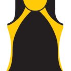 Black and yellow sleeveless athletic tank top, front view, isolated on white background.