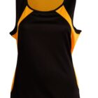 Sleeveless black sports top with yellow panels on the shoulders and sides.