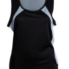 Sleeveless black athletic tank top with light blue side panels displayed on a white background.