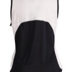 Sleeveless sports tank top, white on top with black lower back panel, shown from the back.