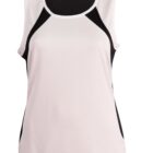 Sleeveless white athletic tank top with black side and shoulder panels.