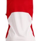 Back view of a sleeveless red and white athletic tank top.