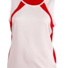 White sleeveless sports tank top with red accents on the sides and shoulders.