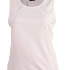 Sleeveless white athletic tank top with mesh accents on the shoulders and upper chest.