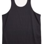 Black sleeveless athletic tank top with a round neckline, laid flat on a white background.