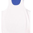 Reversible blue and white sleeveless athletic jersey laid flat on a white background.