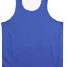 A plain blue sleeveless athletic jersey on a white background.