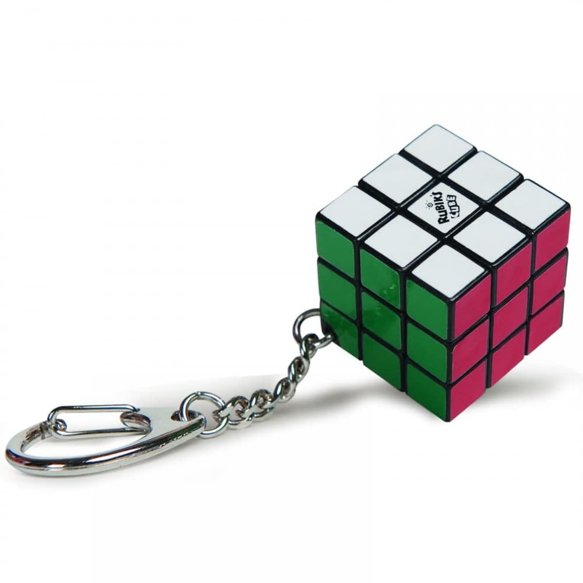 A small Rubiks Cube keychain with red, green, and white sides is attached to a metal keyring and chain. The cube has the Rubiks logo on one face.