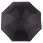 A top view of a fully open black umbrella, showing its eight fabric panels and central tip.