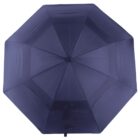 Aerial view of an open dark blue umbrella against a plain white background. The umbrella has an octagonal shape with visible spokes and a central point.