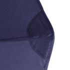 Close-up of a dark blue, fabric-covered geometric shape with sharp edges and stitched seams. The material is smooth, and the stitching is visible, creating a structured look. The background is not visible.