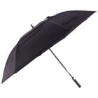 A black, fully extended umbrella is shown against a white background, featuring a sleek handle and sturdy structure. The umbrella is open, displaying its fabric canopy.