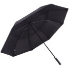 A black umbrella with a sturdy handle and a smooth canopy is open and tilted, showing its underside and metal ribs. The simple, sleek design emphasizes practicality and style.