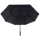A black, open umbrella with a straight handle is shown against a plain white background. The umbrella is viewed from below, highlighting its eight-panel canopy and central support structure.