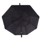 A top view of a large, fully open black umbrella with a curved handle. The umbrella is shown against a plain white background, highlighting its structure and panels.