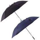 Two inverted umbrellas are shown, one black and one navy blue. They are both open and displayed at an angle, highlighting their unique inverted design.