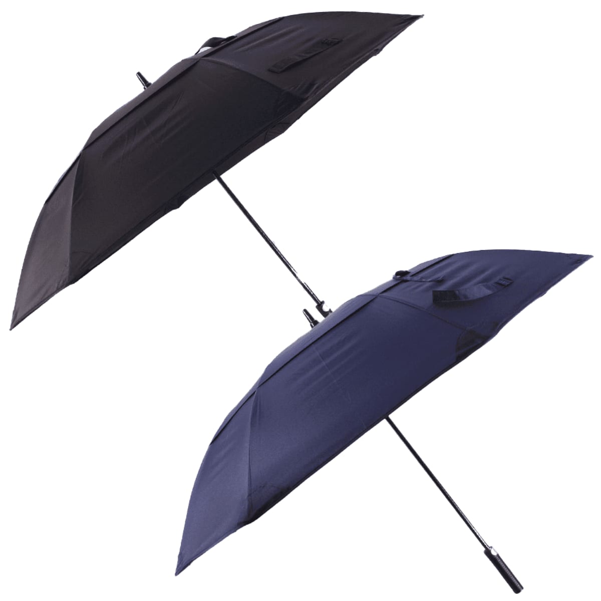 Two inverted umbrellas are shown, one black and one navy blue. They are both open and displayed at an angle, highlighting their unique inverted design.