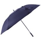 Blue umbrella with a curved black handle, partially open at an angle, on a white background.