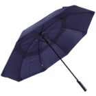 A blue umbrella shown from below, featuring a simple design with a straight black handle and visible metal ribs supporting its fabric canopy.