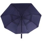 A navy blue umbrella is fully open, viewed from below. The frame and spokes are visible, supporting the fabric. The handle is partially visible at the bottom. The background is plain white.