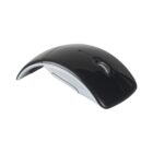 A black and silver wireless computer mouse on a white background.