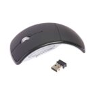 A black wireless computer mouse with a USB receiver on a white background.