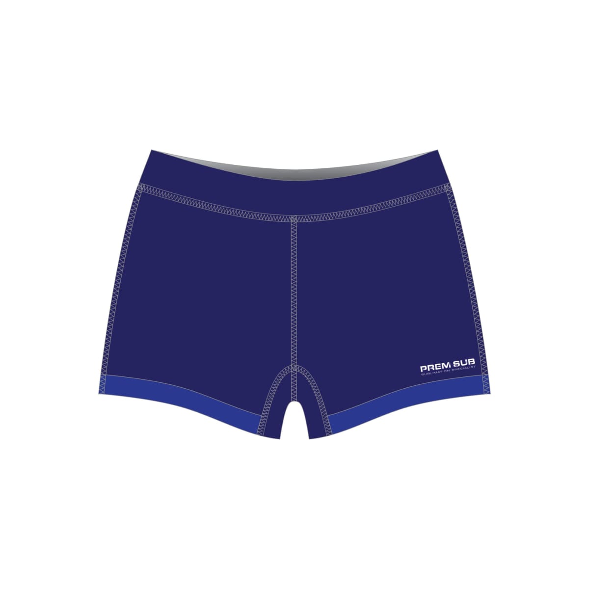 Illustration of blue swim trunks with gray stitching and a small white logo on the lower right side. The trunks have a simple, elastic waistband and a fitted design.