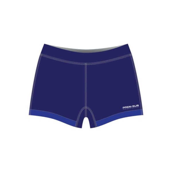 Illustration of dark blue swim trunks with visible stitching and the text PREM SUB on the lower right side. The background is plain white.