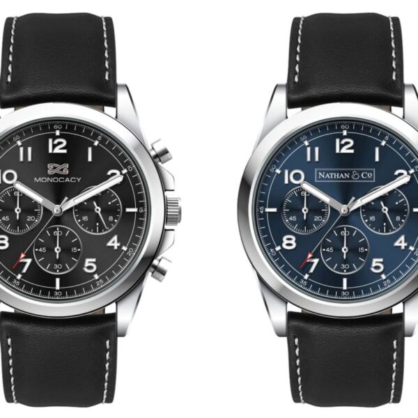 Two wristwatches with black leather straps are displayed. The left watch has a black face with white numerals and sub-dials. The right watch has a blue face with the same features. Both watches have metallic casing and chronograph designs.