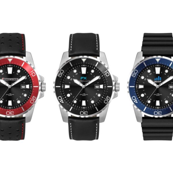 Three wristwatches displayed: left watch has a red bezel and black leather strap, center watch features a black bezel and strap, and right watch has a blue bezel with a black rubber strap. All have black dials and visible date windows.