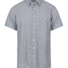 Gray short-sleeve button-up shirt, featuring a standard collar and a single chest pocket with a button. The fabric has a subtle textured pattern, giving it a casual yet refined appearance.