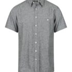 A gray, short-sleeve button-up shirt with a collar and a single chest pocket. The shirt has a smooth texture and white buttons running down the front.