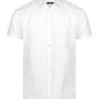A plain white short-sleeved button-up shirt with a collar and a single chest pocket, displayed against a white background.