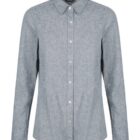 A gray long-sleeve button-up shirt with a classic collar, shown on a white background. The shirt has a simple and minimalist design, suitable for both casual and formal occasions.
