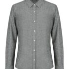 Gray button-up long-sleeve shirt with a classic collar, displayed on a white background. The shirt has a simple, textured design with a straight hem and matching gray buttons.