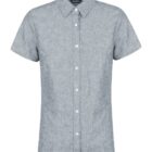 A gray short-sleeve button-up shirt with a collar displayed on a white background. The shirt has a plain design and features white buttons down the front.