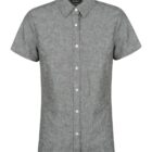 A short-sleeved, light gray button-up shirt with a collar, displayed against a plain white background. The shirt features a subtle textured pattern and white buttons running down the front.