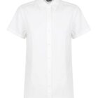 A plain white short-sleeve button-up shirt with a collar, displayed against a white background.