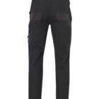 Back view of black work pants with multiple pockets. The pants have reinforced areas and red stitching accents above the pockets. They are designed for durability and practical use.