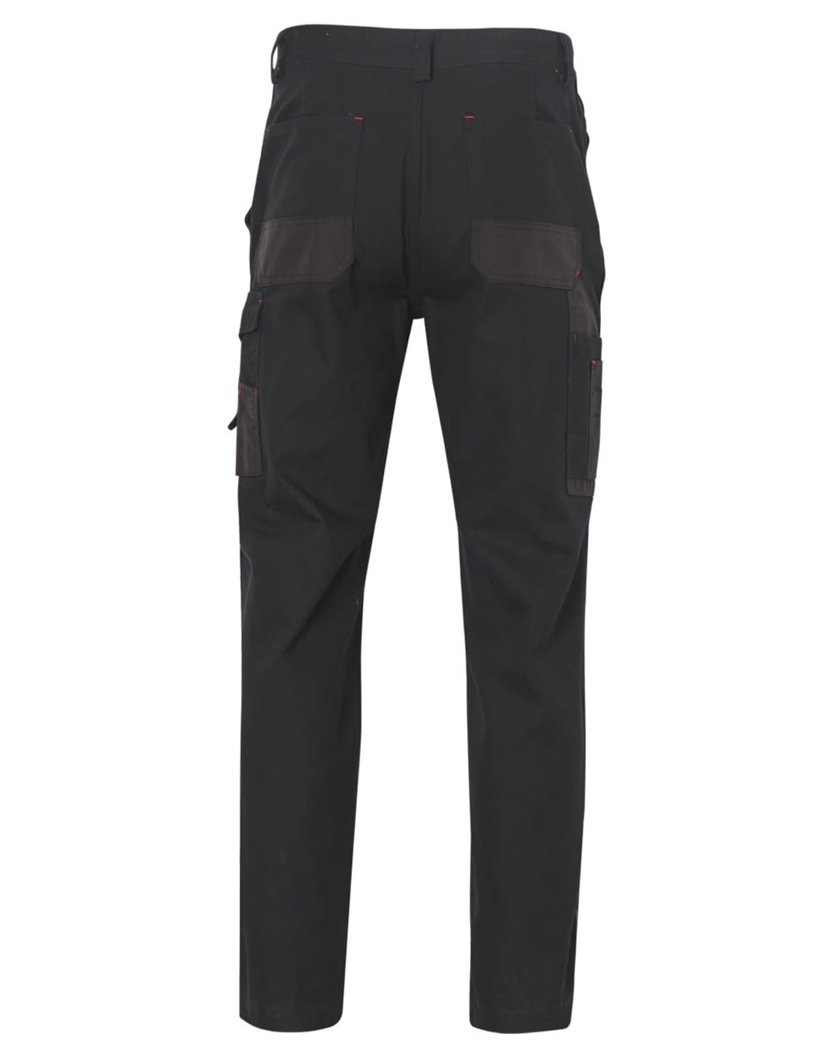 Back view of black work pants with multiple pockets. The pants have reinforced areas and red stitching accents above the pockets. They are designed for durability and practical use.
