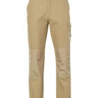 Khaki cargo pants with a button and zip closure. The design features knee patches and side pockets, offering a practical and versatile look suitable for casual or outdoor activities.