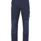 Dark blue work pants featuring reinforced patches on the knees and cargo pockets on the sides. The pants have a button and zipper closure, along with belt loops at the waist.