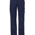 Navy blue cargo work pants with multiple pockets and reinforced knees, front view.
