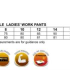 Size chart for ladies work pants with waist, inseam, and fabric feature icons shown.