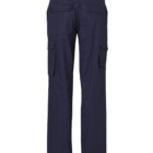 Rear view of a pair of dark navy cargo pants with multiple pockets, including two back flap pockets and mid-thigh side pockets. The pants are shown on a white background.
