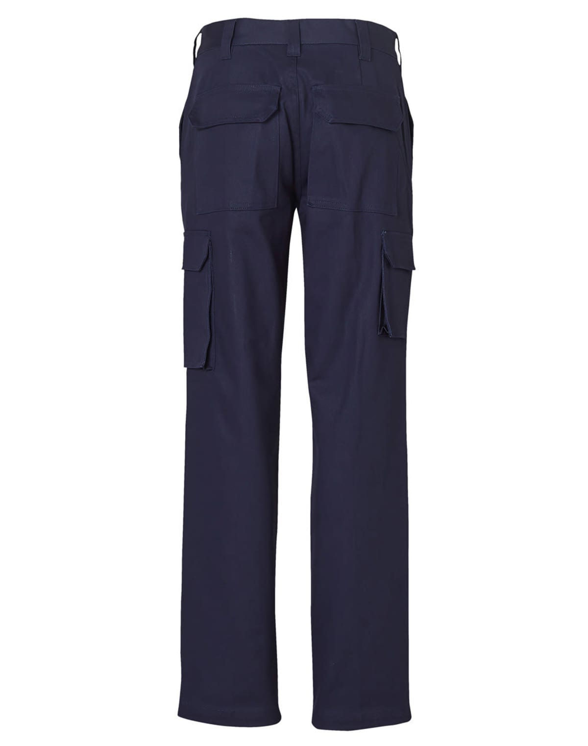Rear view of a pair of dark navy cargo pants with multiple pockets, including two back flap pockets and mid-thigh side pockets. The pants are shown on a white background.