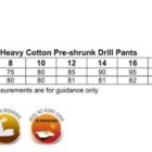 Size chart for WP15 Ladies’ Heavy Cotton Pre-shrunk Drill Pants. Sizes 8-20 with waist (75-105 cm) and inleg length (80-83 cm) measurements. Features: 100% cotton, tough wearing, UV protection UPF50+.