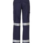 Navy blue cargo work pants with two reflective silver bands around each leg. Two back pockets, two large side pockets, and belt loops are visible. The pants are shown from the back.