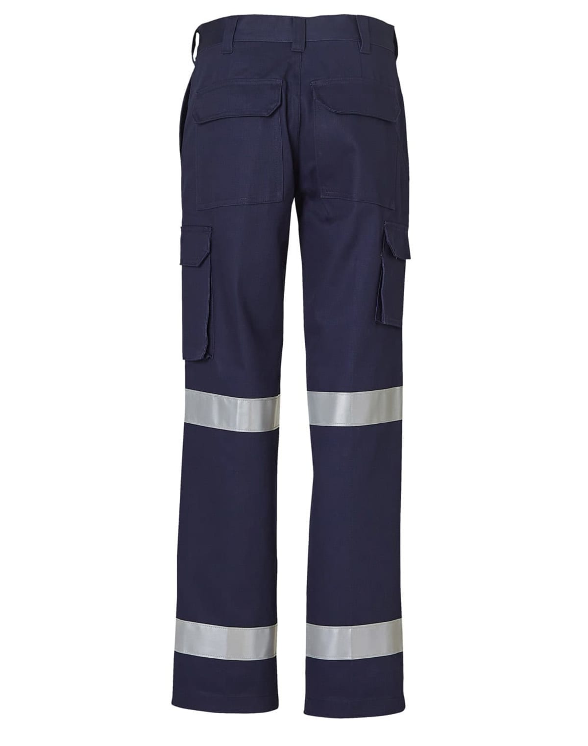 Navy blue cargo work pants with two reflective silver bands around each leg. Two back pockets, two large side pockets, and belt loops are visible. The pants are shown from the back.