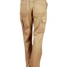 Back view of beige cargo pants featuring multiple pockets, including two large side pockets and two rear pockets. The pants have a straight-leg design and visible stitching details.